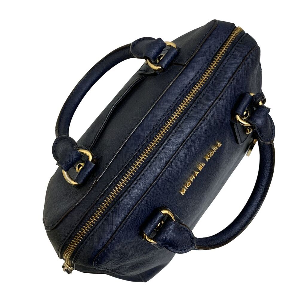 Michael Kors Saffiano Leather Satchel Crossbody Navy Gold MK Charm - Picture 6 of 13